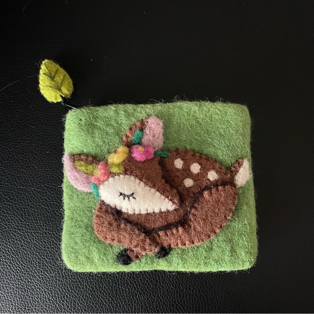 Sleeping fawn felted wool zippered coin pouch. 5 x 4.5